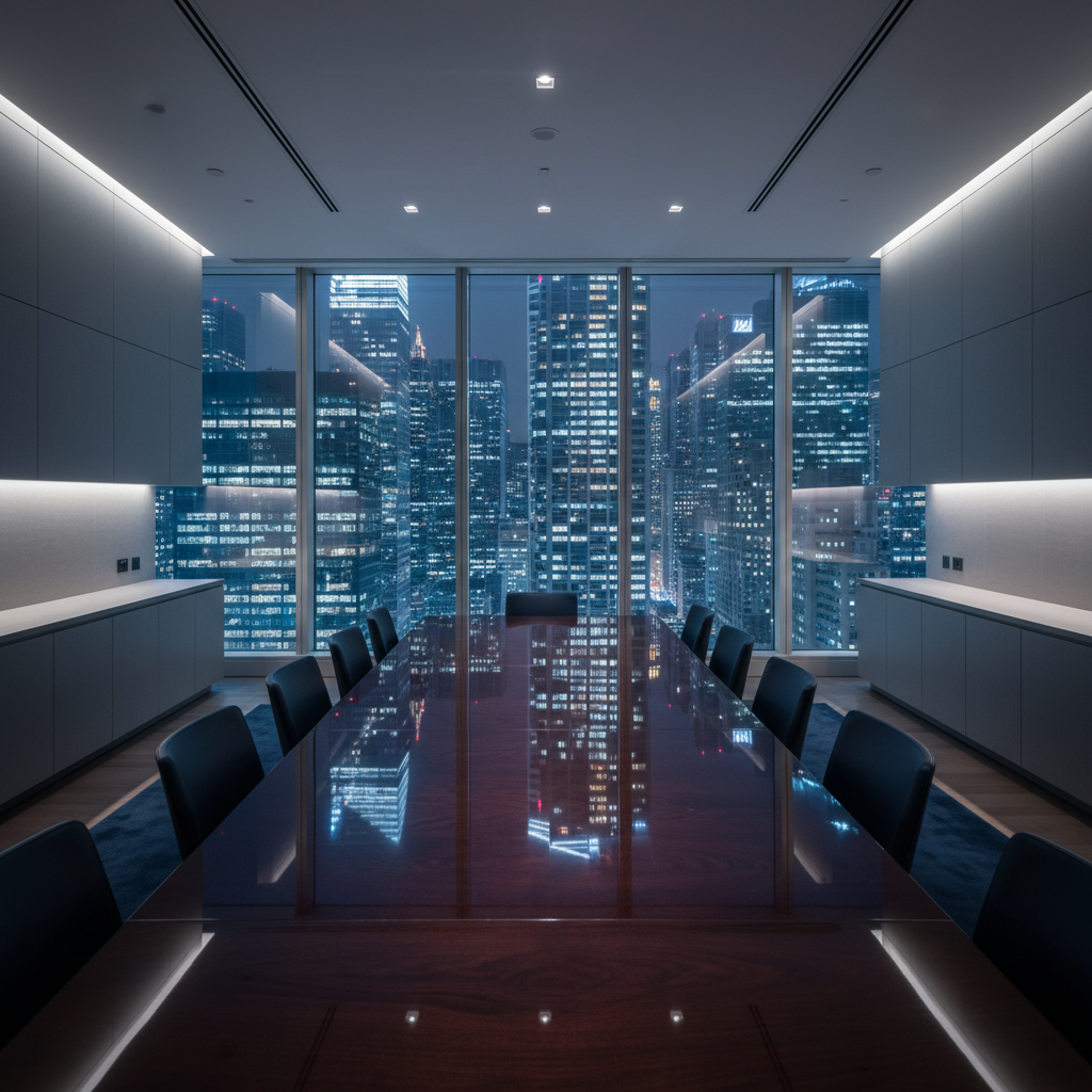 Premium investment banking executive boardroom overlooking financial district skyline at night